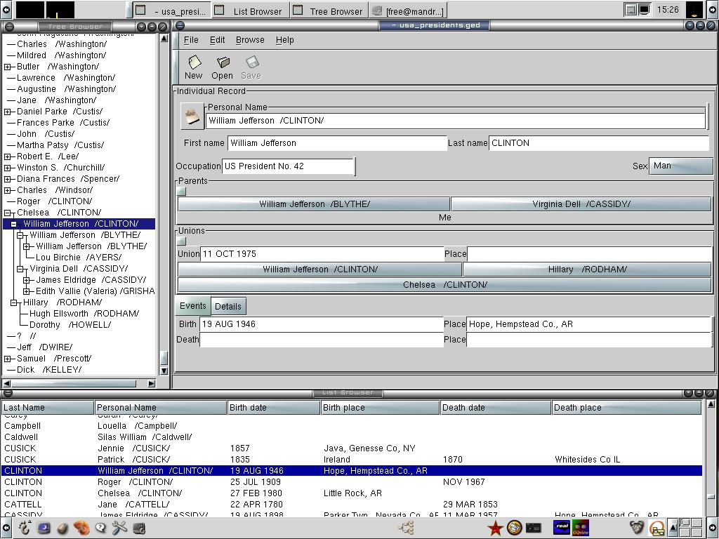 GEDCOM Viewer application in my GNOME environment (with the List Browser and the Tree Browser)
