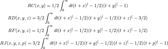 RC(x,y) = 1/2 \int_0^\infty dt (t+x)^(-1/2) (t+y)^(-1)

RD(x,y,z) = 3/2 \int_0^\infty dt (t+x)^(-1/2) (t+y)^(-1/2) (t+z)^(-3/2)

RF(x,y,z) = 1/2 \int_0^\infty dt (t+x)^(-1/2) (t+y)^(-1/2) (t+z)^(-1/2)

RJ(x,y,z,p) = 3/2 \int_0^\infty dt (t+x)^(-1/2) (t+y)^(-1/2) (t+z)^(-1/2) (t+p)^(-1)